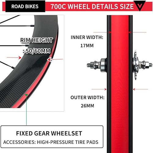 QUYCOIU Fixed Gear Wheelset 700C Carbon Fiber Road Bike Wheels 50/60MM Width Bearing Hubs 17T Single Speed 100/120mm 20/24H Front Rear Wheel Track Cycling Wheel(60mm) - 2