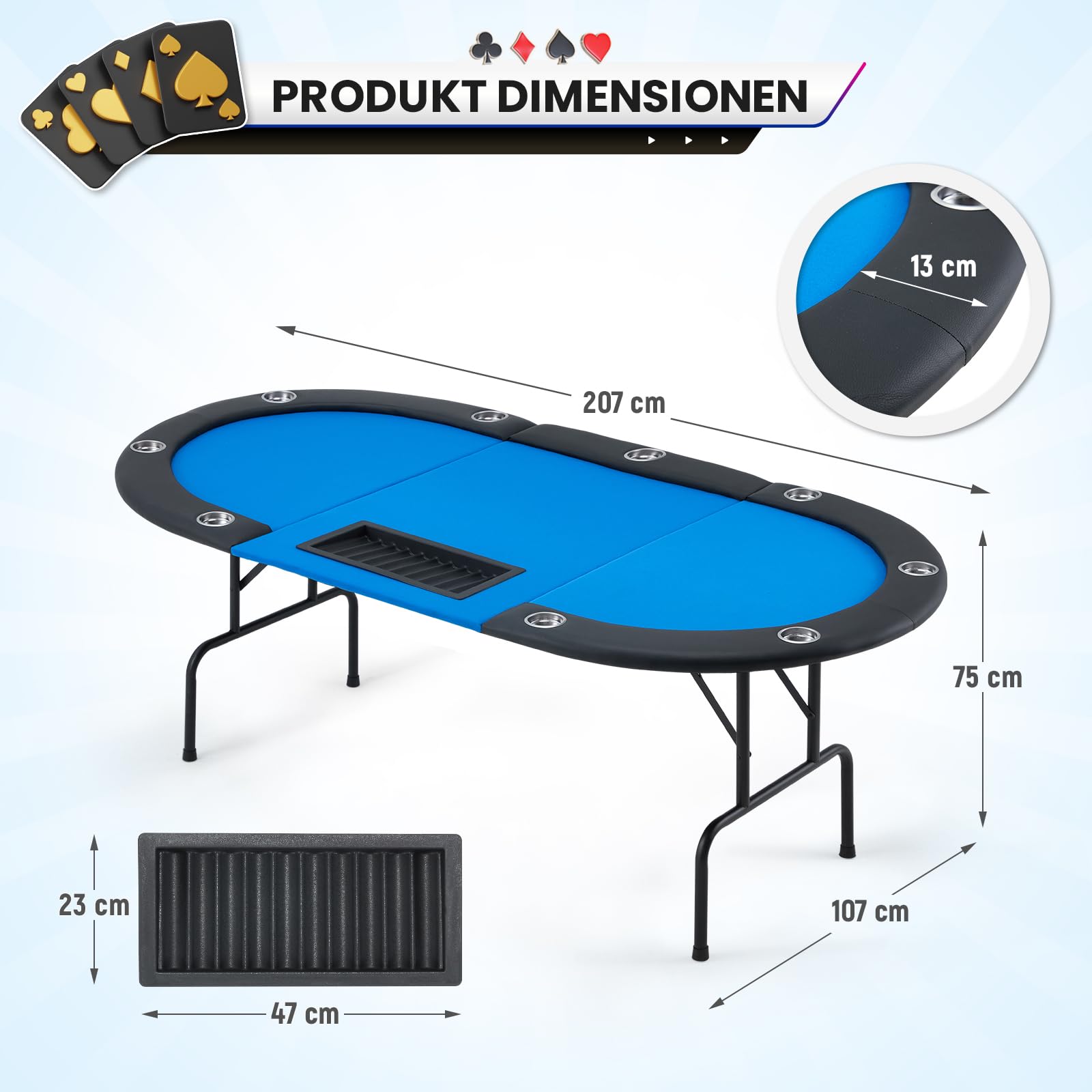 AVAWING Pokertisch Klappbar 9 Spieler, Spieltisch mit Getränkehalter aus Edelstahl (Blau)