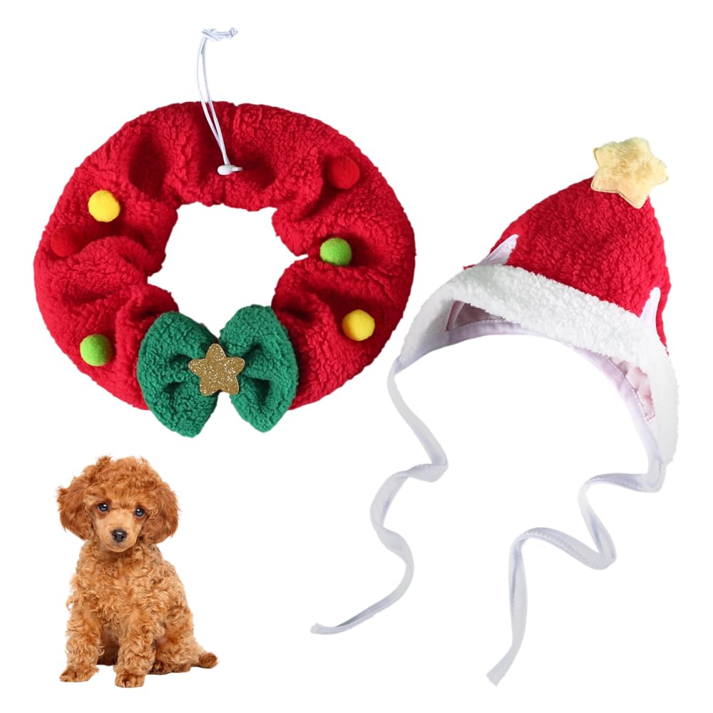 2pcs Cat Christmas Outfit, Adjustable Pet Santa Hat with Wreath Scarf for Small Dogs Cats Xmas Cosplay Party Supplies