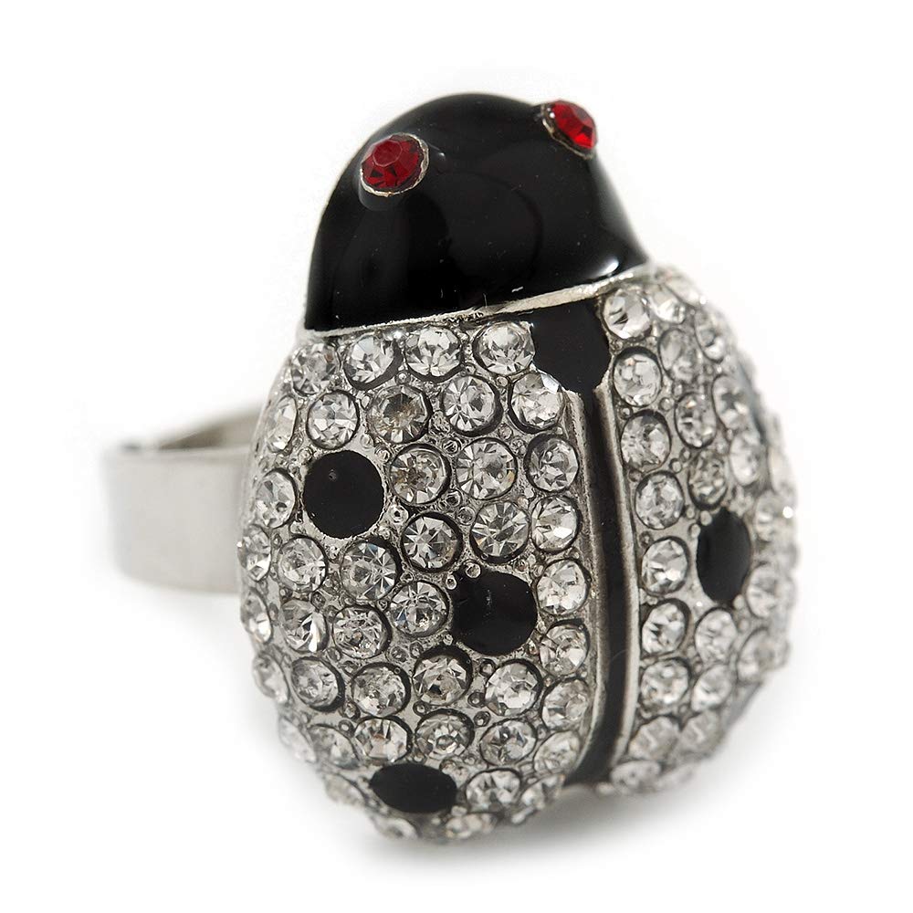 AvalayaRhodium Plated Diamante and Enamel 'Catarina' Lady Bug Ring (Adjustable) - Size7/8