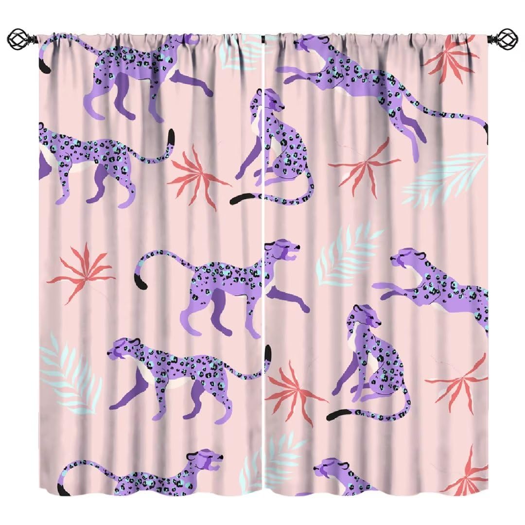 Purple Leopard Curtains, Mid Century Morden Wildlife Cheetah Tropical Jungle Vintage Safari Hunting Boho Minimalist Print Window Treatments for Kids Boys Girls Bedroom Living Room 72x63in
