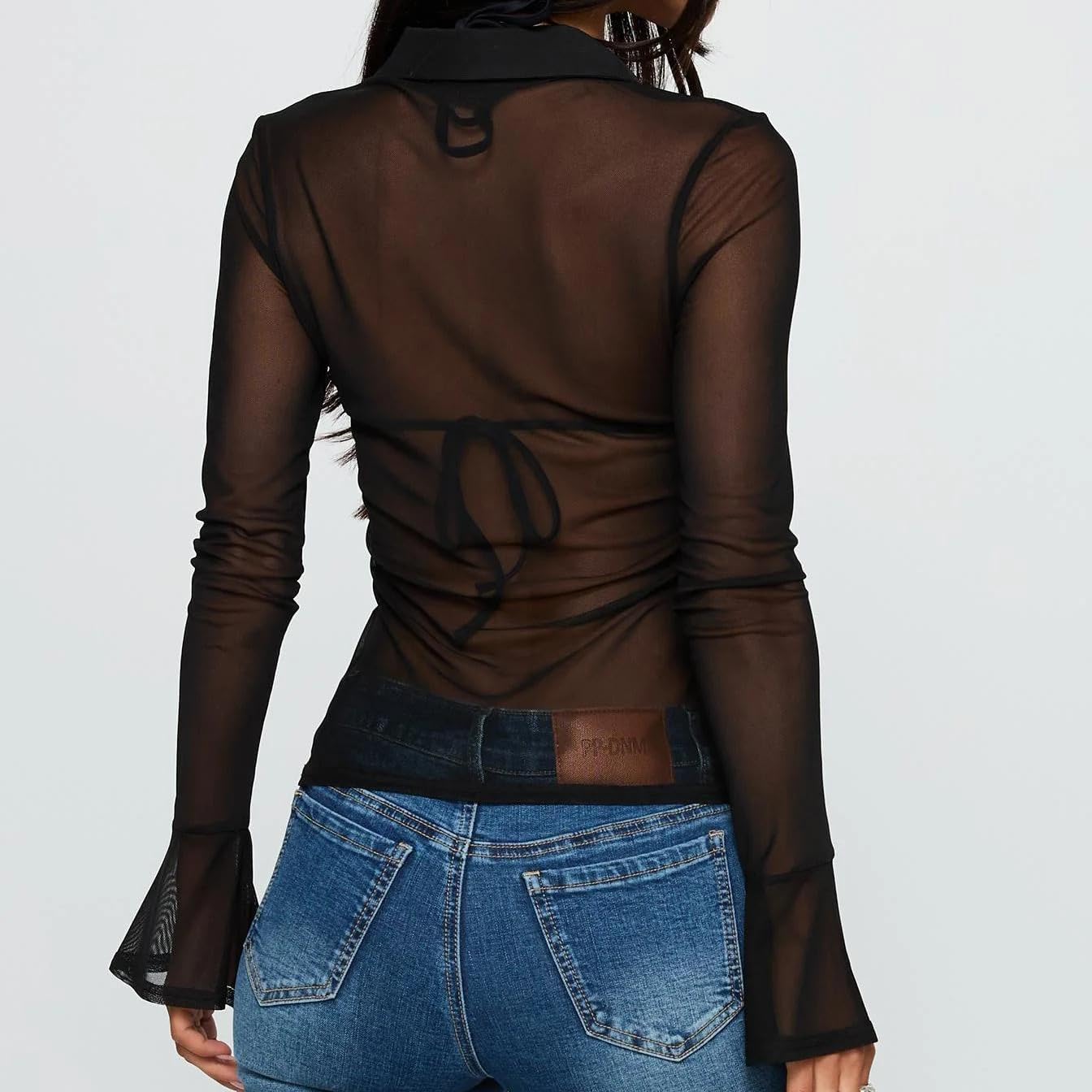 SOLILOQUY Women Sheer Long Sleeve Top Sexy Button-up Lapel Neck Flared Cuff See-Through Mesh Going Out Blouse Party Clubwear