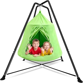 X-Shaped Swing Stand Frame with Tent Sensory Swing for Kids Adults Indoor Outdoor Use 330 Lbs Capacity Detachable Heavy Duty Hanging Chair Hammock Nest Pod with Stand for Mutiple KidsGreen