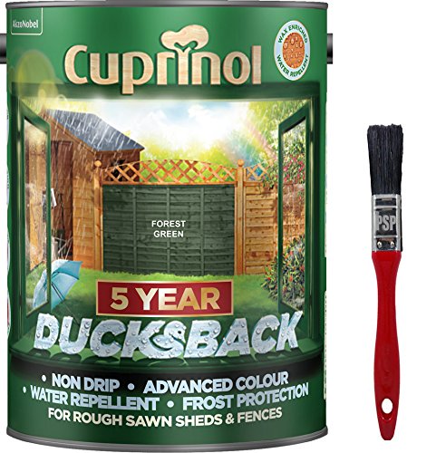 New 2020 Cuprinol Ducksback Shed & Fence Paint 5 Litre Forest Green. Non Drip, Water Repellent and Frost Defence. Protection for 5 Years. Includes PSP Touch up Brush.