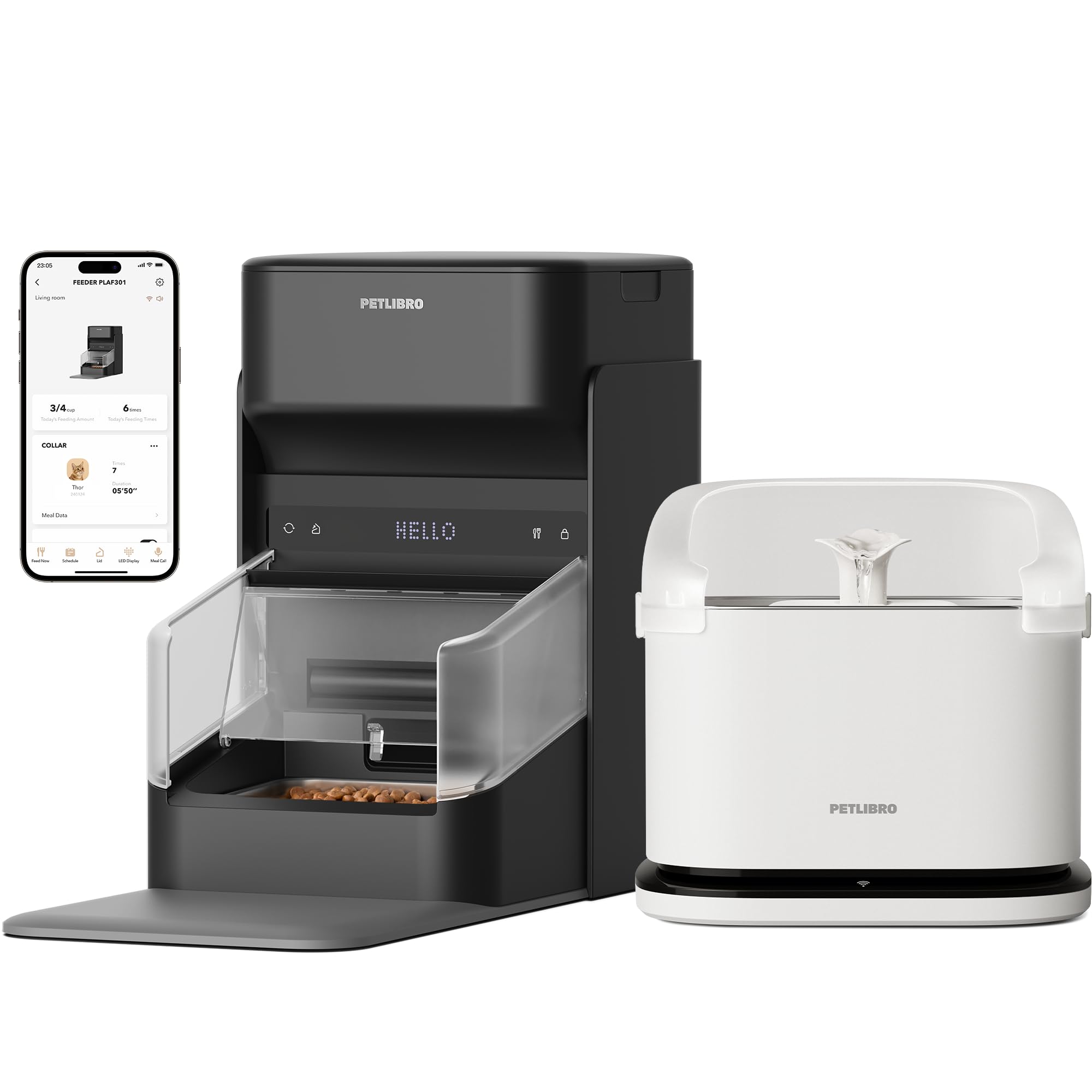 PETLIBRO RFID Automatic Cat Feeder, Collar Sensor for Personalized Meals, Anti-Stealing for Multi-Pets Home + RFID Multi Cats Water Fountain with Cat Recognition & Hydration Monitoring, x3 Collar Tags