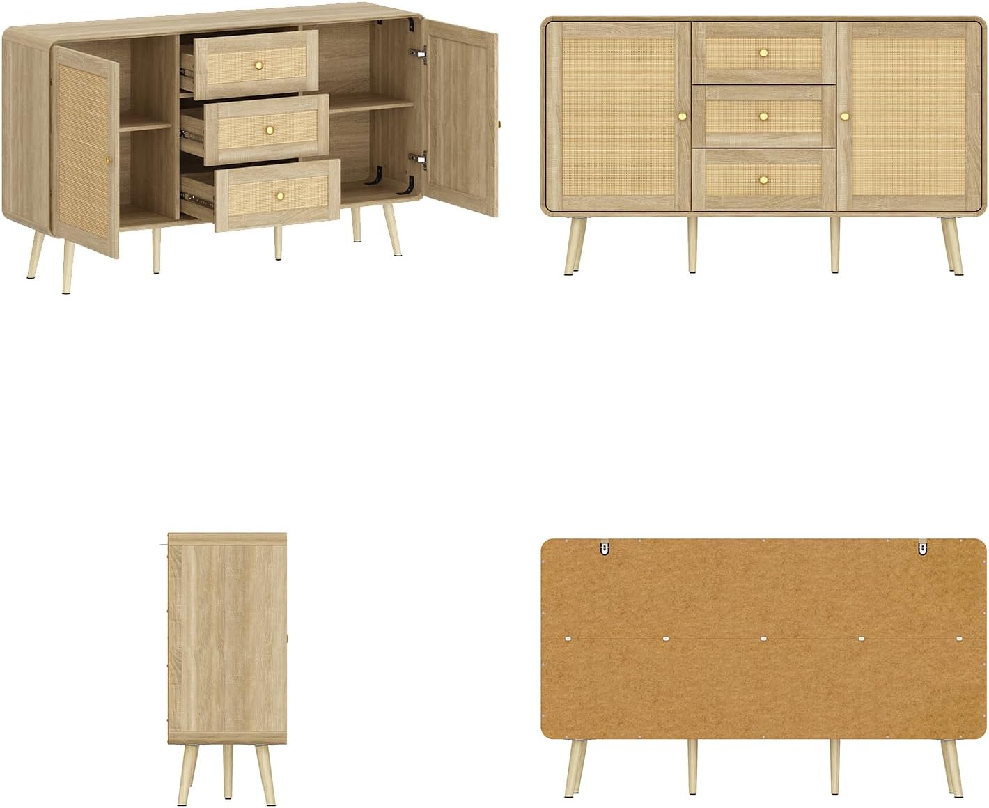 Homsee 55.1" W Rattan Sideboard Buffet Storage Cabinet with 3 Drawers, 4 Shelves & 6 Solid Wood Legs, Modern Wooden Kitchen Credenza Coffee Bar Cabinet for Living Room, Oak