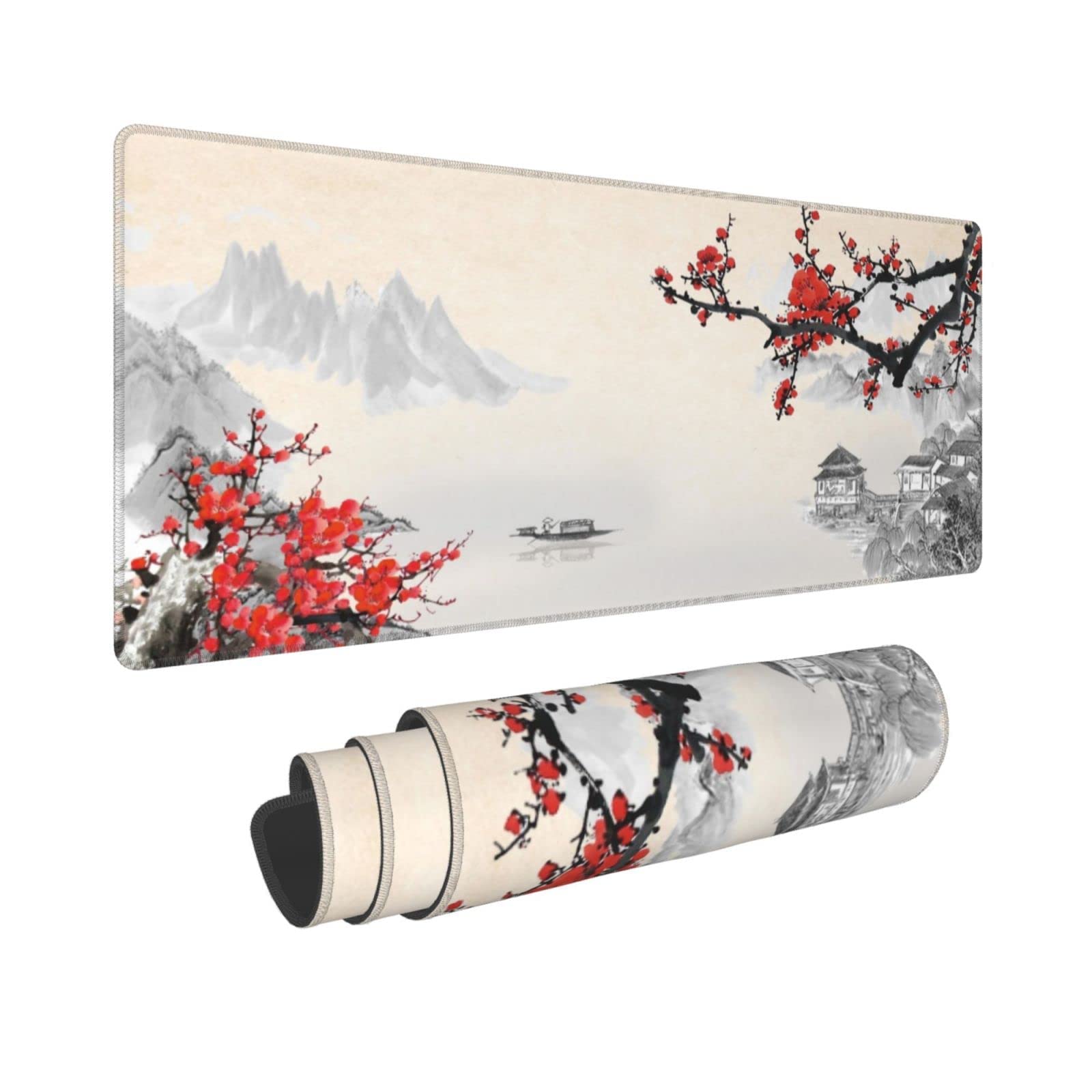 KASTWAVE Gaming Mouse Pad Black and White Plum Bossom Cherry Blossom, Extended Large Mouse Mat Desk Pad, Stitched Edges Mousepad, Long Non-Slip Rubber Base Mice Pad (31.5x11.8x0.12 Inch, A3)