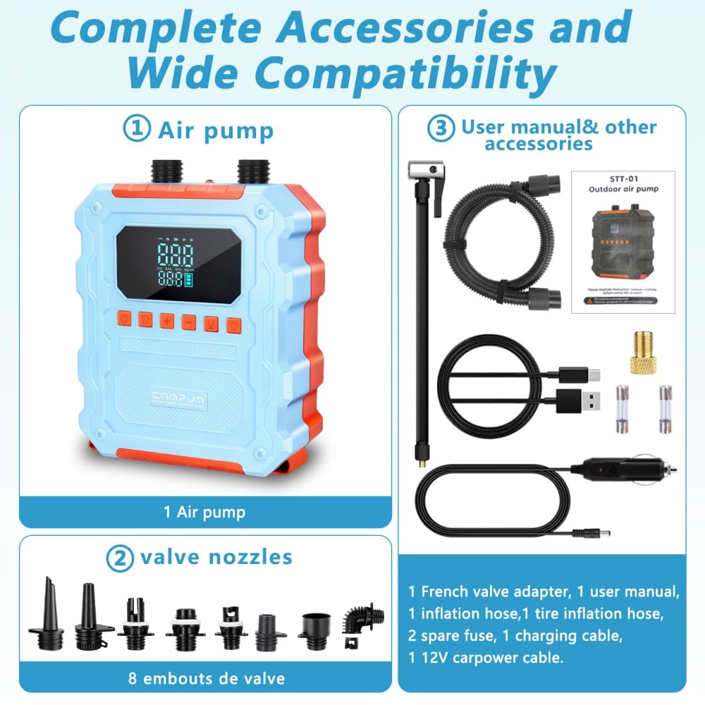 KinZon Pompa ad Aria Elettrica 60 PSI Alta Pressione per SUP, ricaricabile, compatibile con presa auto 12V, spegnimento automatico, gonfiaggio/sgonfiaggio, per paddle, kayak e pneumatici