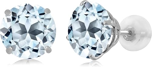 Gem Stone King Solid 14K White Gold 8MM Round Gemstone Birthstone Stud Earrings Gold Earrings with Comfort Back For Women