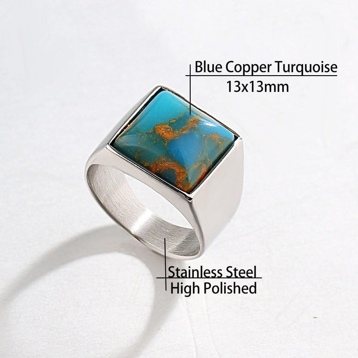 Stainless Steel Square Black Onyx Ring for Men,Green/Blue Turquoise Ring for Men,Size 7-13 - Image 3