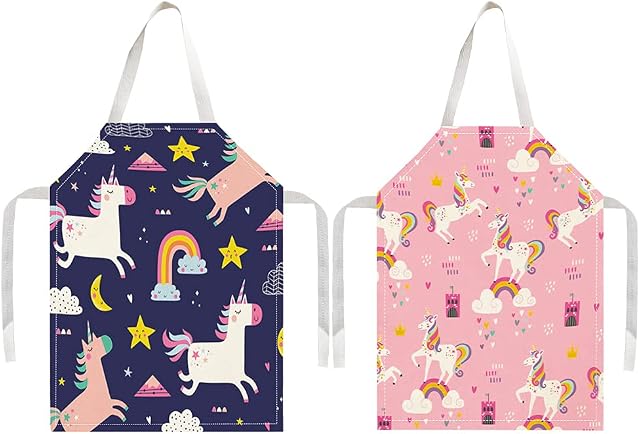 kuou 2 Pcs Kids Cooking Aprons, Adjustable Child Chef Aprons, Linen Unicorn Horse Aprons for Boys Girl's Kitchen Cooking Baking Painting Wear(Pink+Blue)