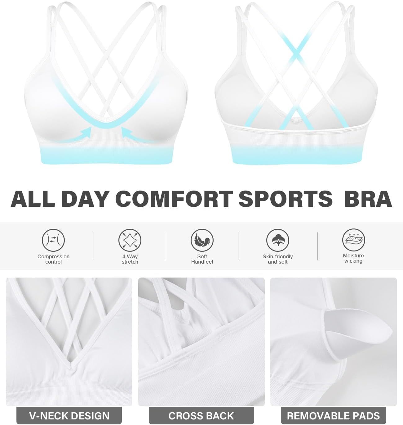 VEQING Seamless V-Neck Women Sports Bras, Padded Cross Back Wireless Low Impact Workout Yoga Bras for Small Chests, 3 Pack - Image 7