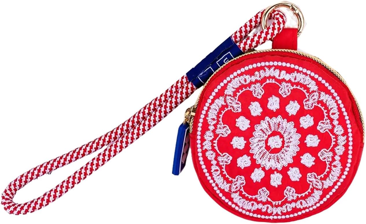 Earphone Storage Bag with Embroidered Design, Red, Key Box-Portable Zipper Pouch with Wrist Strap