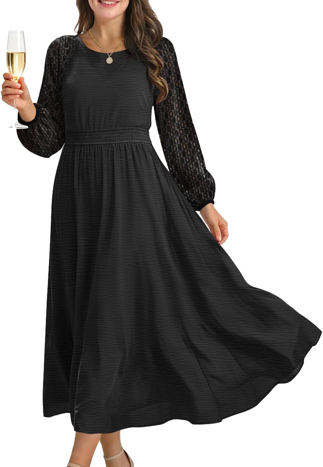 YESNO Women's Fall Lace Long Sleeve Wedding Guest Dresses ELL