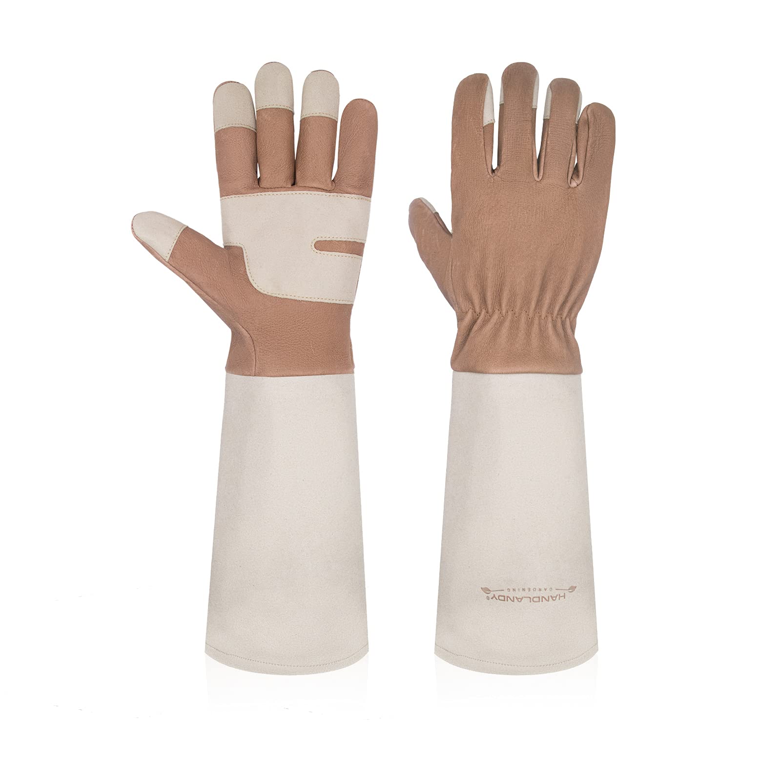 HLDD HANDLANDY Gardening Gloves for Women & Men, Leather Long Sleeve Rose Pruning Gloves, Thorn Proof Garden Work Gauntlet Animal Handling Gloves (Large, Light Brown)