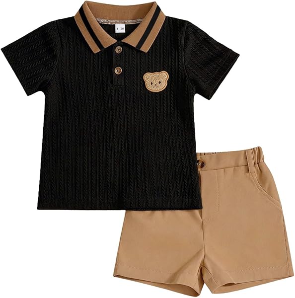 Conjunto Verano Ropa para Bebé Niño Lindo Polo con Estampado de Oso + Cintura Elástica Pantalones Cortos y Bolsillos 2 Piezas Trajes de Primavera - 1