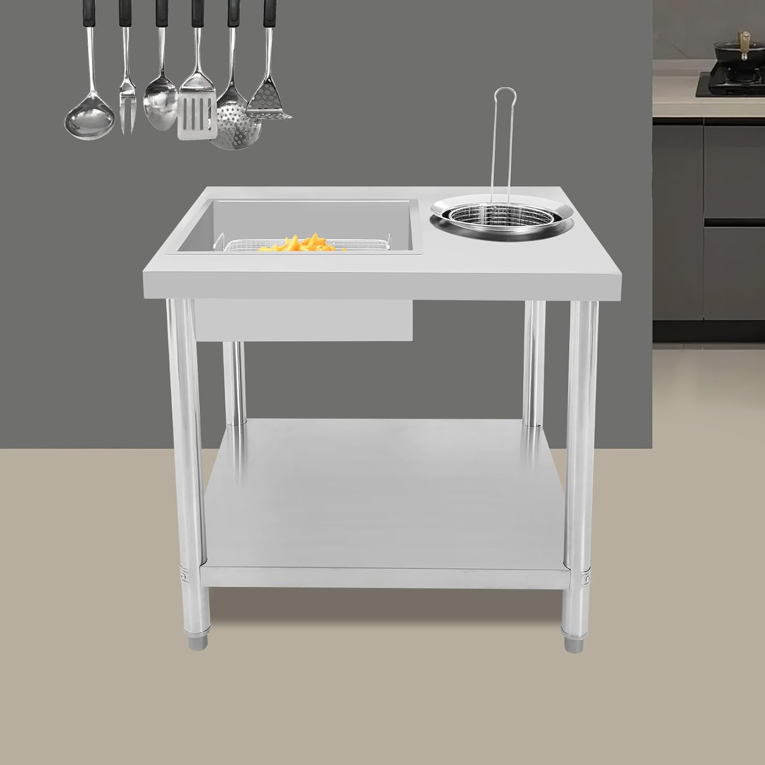 Commercial Breading Table Commercial Food Prep Table for Fried Chicken Stainless Steel Workstation with 2 Baskets and 2 Basins Height-Adjustable Legs Lower Storage Shelf for Kitchen Restaurant Canteen