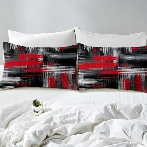 Feelyou Red Black And Grey Comforter Cover Geometric Artistic Smear Bedding Set Abstract Graffiti Art Duvet Cover Contemporary Modern Brush Design Bedspread Cover Room Decor Bedclothes Queen Size #TOP4