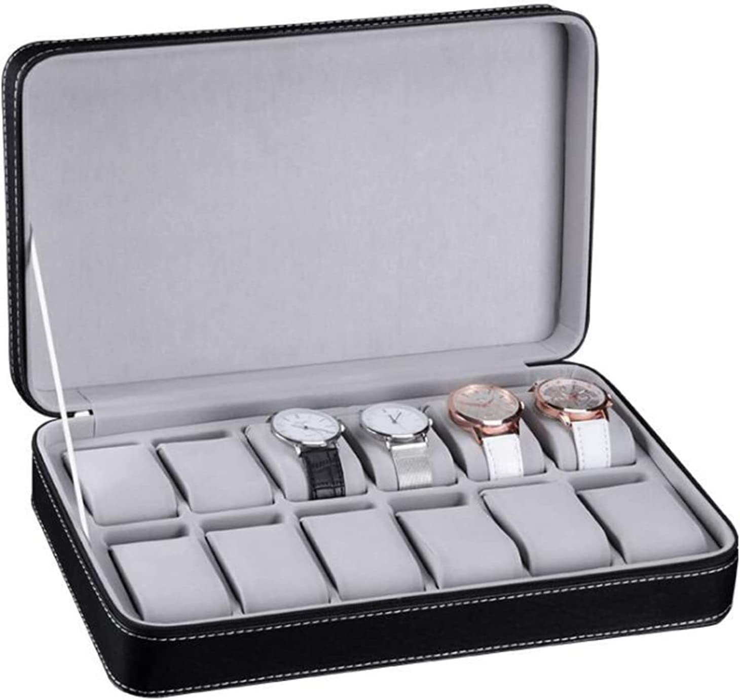 BucketList® Scatola per orologi con 12 scomparti, custodia per orologi da uomo, con cuscino rimovibile, custodia da viaggio portatile con cerniera, in pelle sintetica nera, fodera in flanella grigia