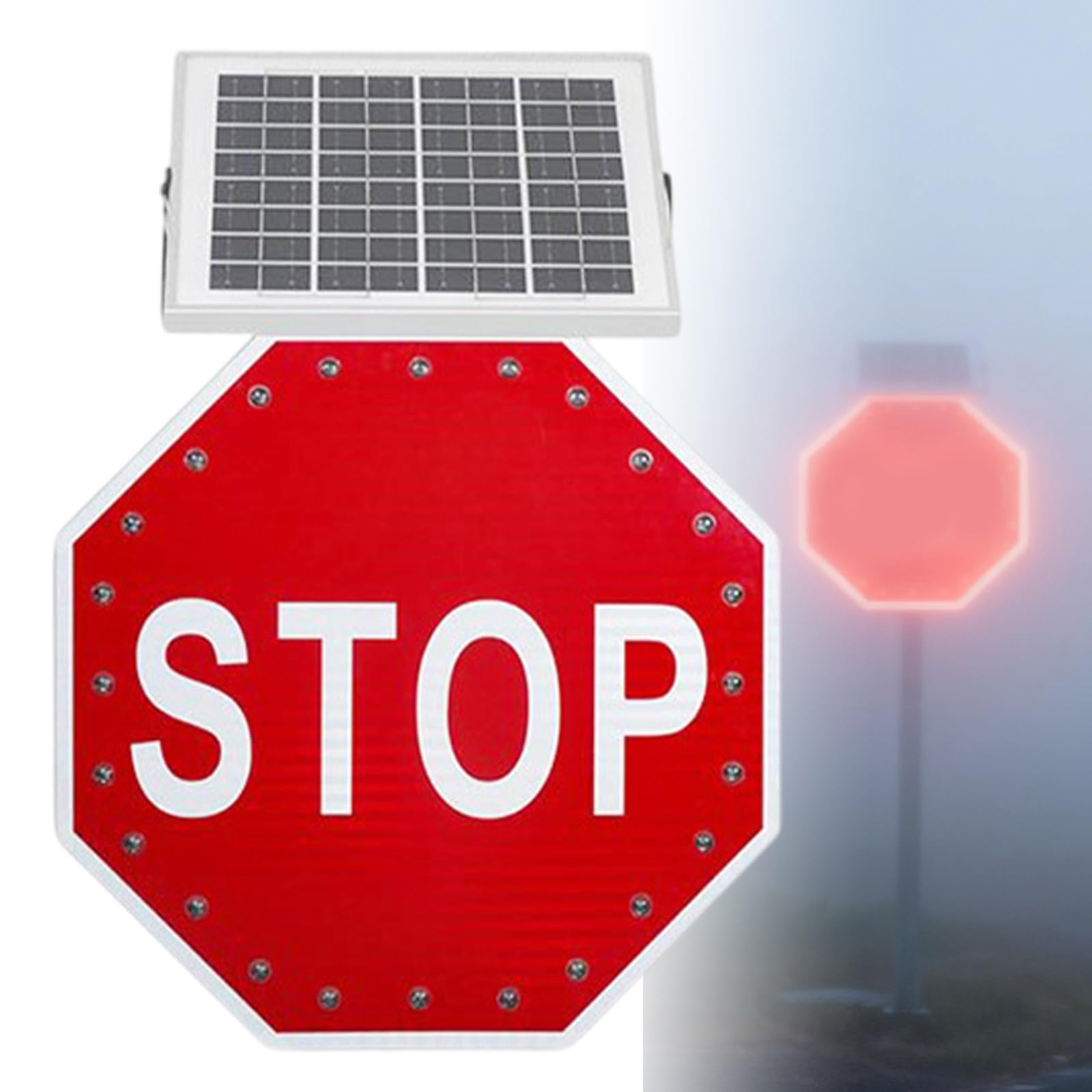 Señal de stop de 60 cm (24 pulgadas), LED intermitente con energía solar, IP65, impermeable, con marco octogonal de aluminio y película reflectante de alta visibilidad en exteriores.