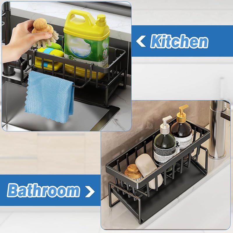 NETXE Kitchen Sink Caddy | Sponge Soap Dispenser & Dish Brush Holder with Removable Drip Tray | SUS304 Stainless Steel Rustproof Sink Organizer for Countertop (Black) 3