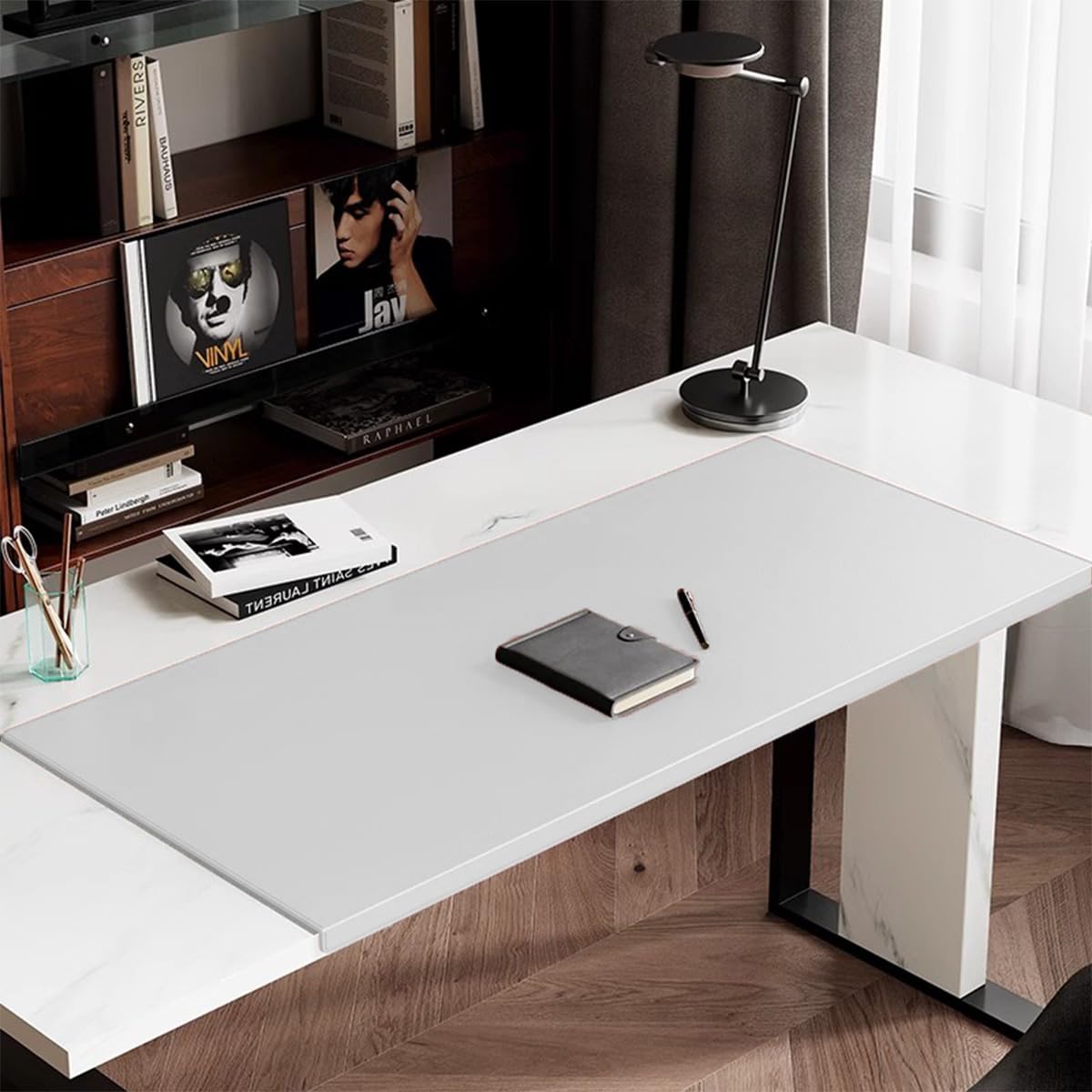 Sewing Edge Table Mat, Large PU Leather Desk Pad with Edge Protector, Non-Slip Waterproof Laptop Mouse Mats for Office Home Decor Work Game Study Typing (White,90x40cm)