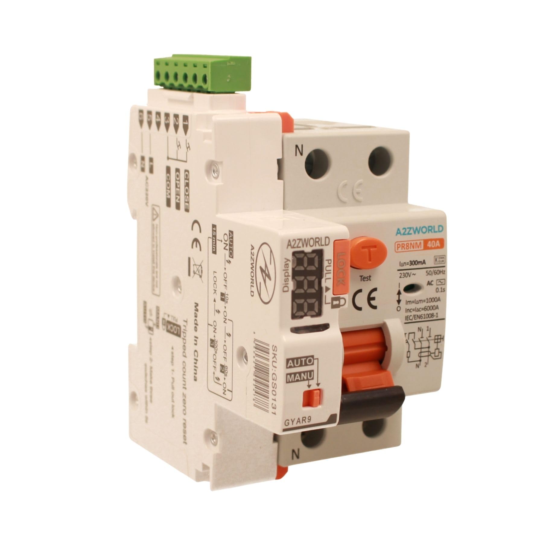 Interruttore Differenziale Riarmo Automatico 63A, Salvavita Tipo AC 300mA, 3 Tentativi (10s/60s/300s), Occupa 3 Moduli DIN, RCCB 1P+N 6kA 220V, Display A Led
