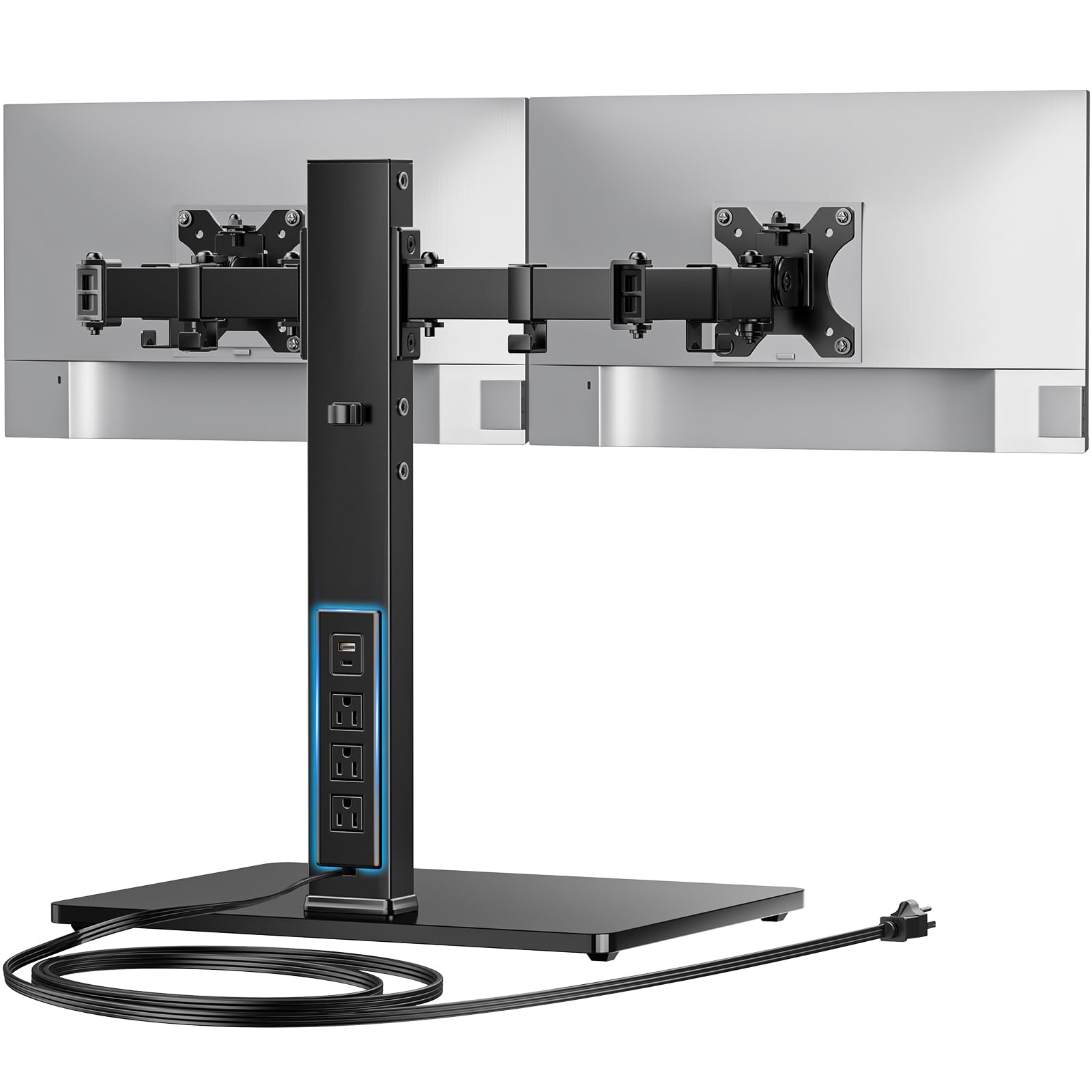 HUANUO Dual Monitor Mount with Power Outlet, Computer Monitor Stand with Sturdy Glass Base, Full Motion Dual Monitor Stand with Adjustable Height, Supports 13?-32? Displays up to 22 lbs, Easy Setup