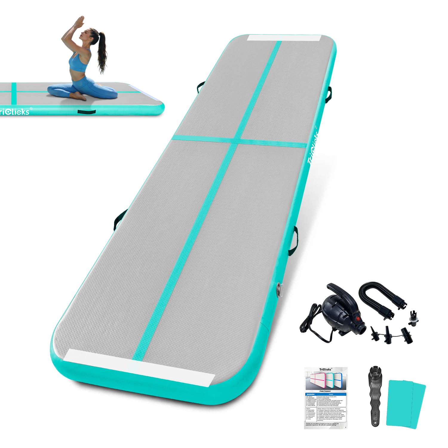 Triclicks Tappetino gonfiabile da ginnastica, Tappeto da ginnastica Air Tumble Track, 1/2.5/3/5M, Spessore 10cm, Materasso Ginnastica da Casa/Yoga/Cheerleading (Verde, 300x100x10cm)