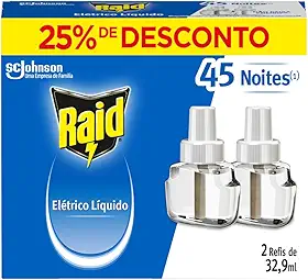 Raid Repelente Eletrico Líquido, 45 Noites de Proteção, 2 Refis de 32,9ml para Aparelho