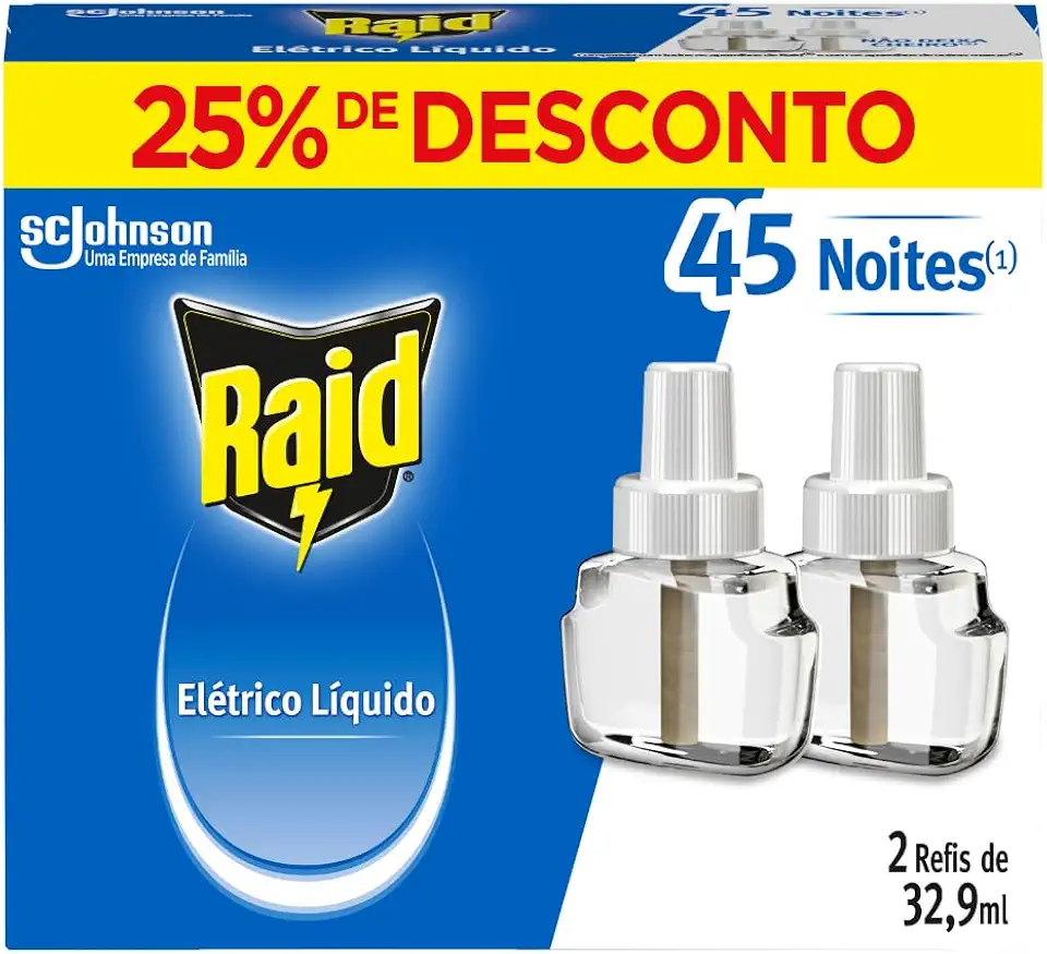 Raid Repelente Eletrico Líquido, 45 Noites, 2 Refis de 32,9ml