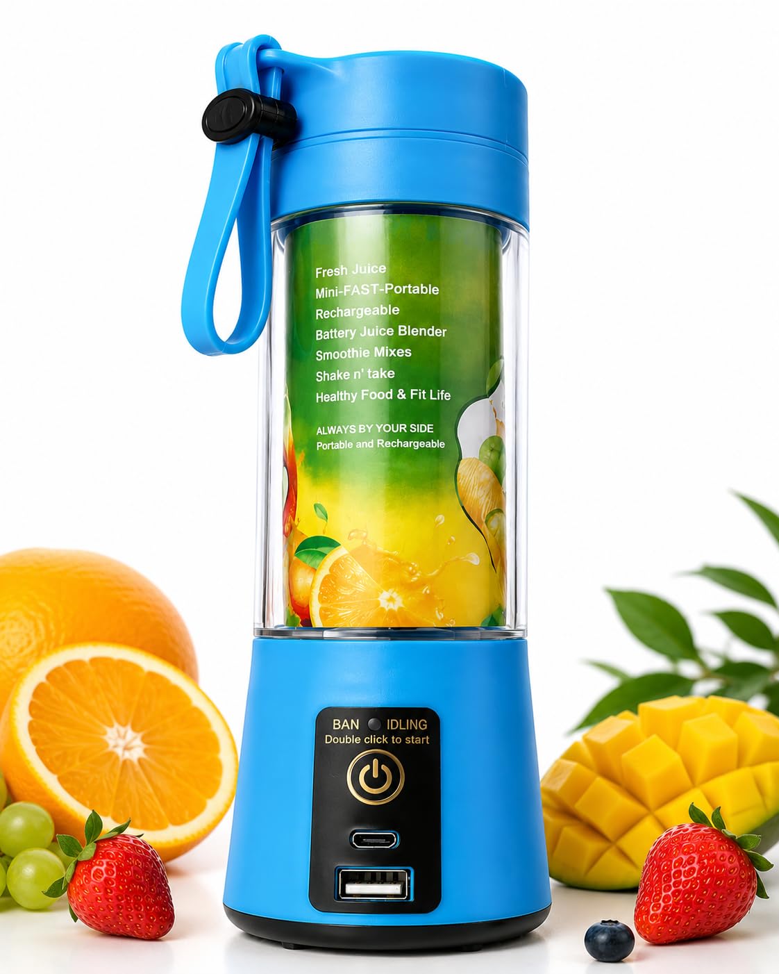 Portable Rechargeable Mini Blender for Smoothies and Fresh Juice, Blue | USB-C Charging, Battery Powered, Travel Friendly, Shake and Go, Carry Loop-image-11