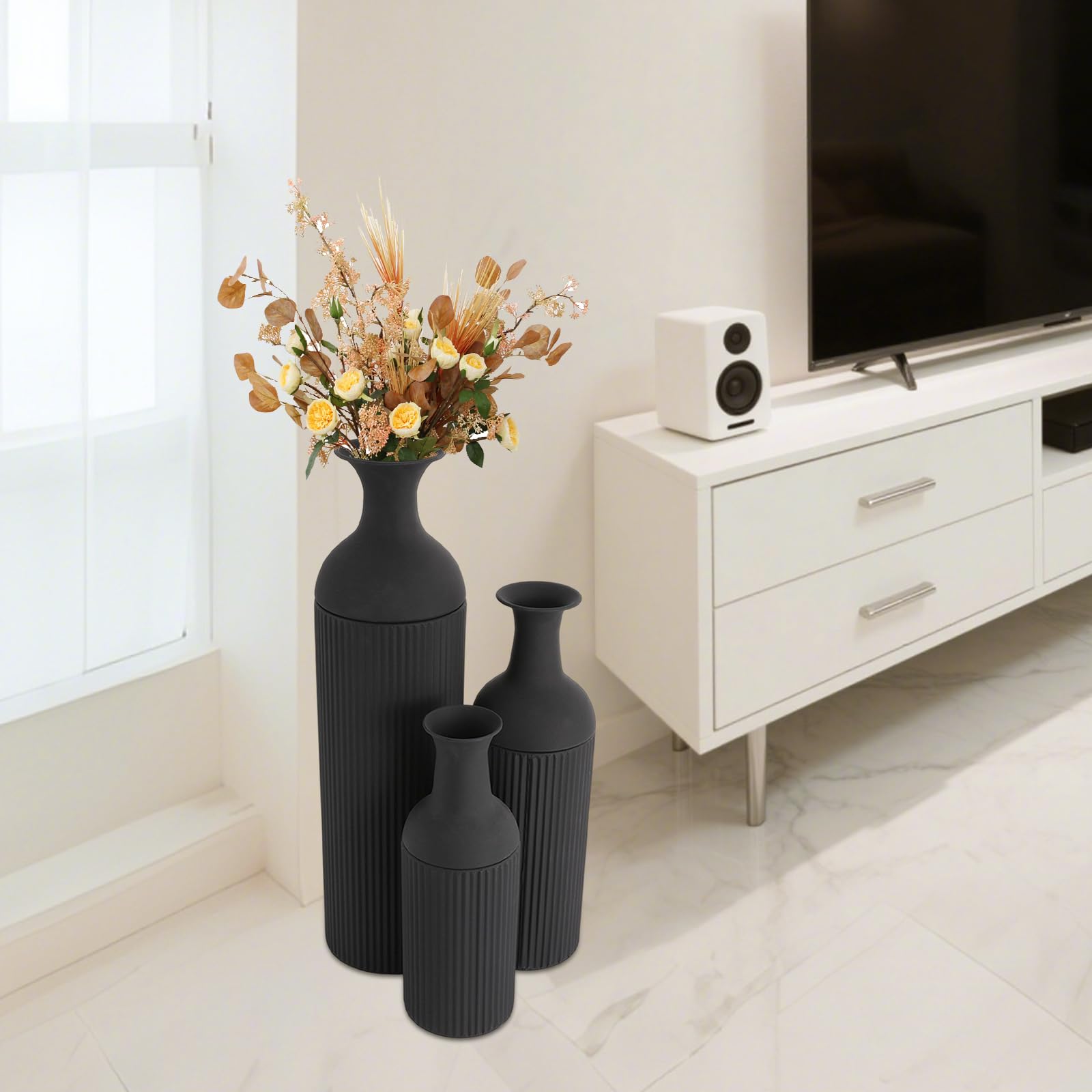 Set di 3 vasi da fiori grandi da pavimento, in metallo, moderno, per soggiorno, camera da letto, sala da pranzo, corridoio, 67/50/40 cm (nero)