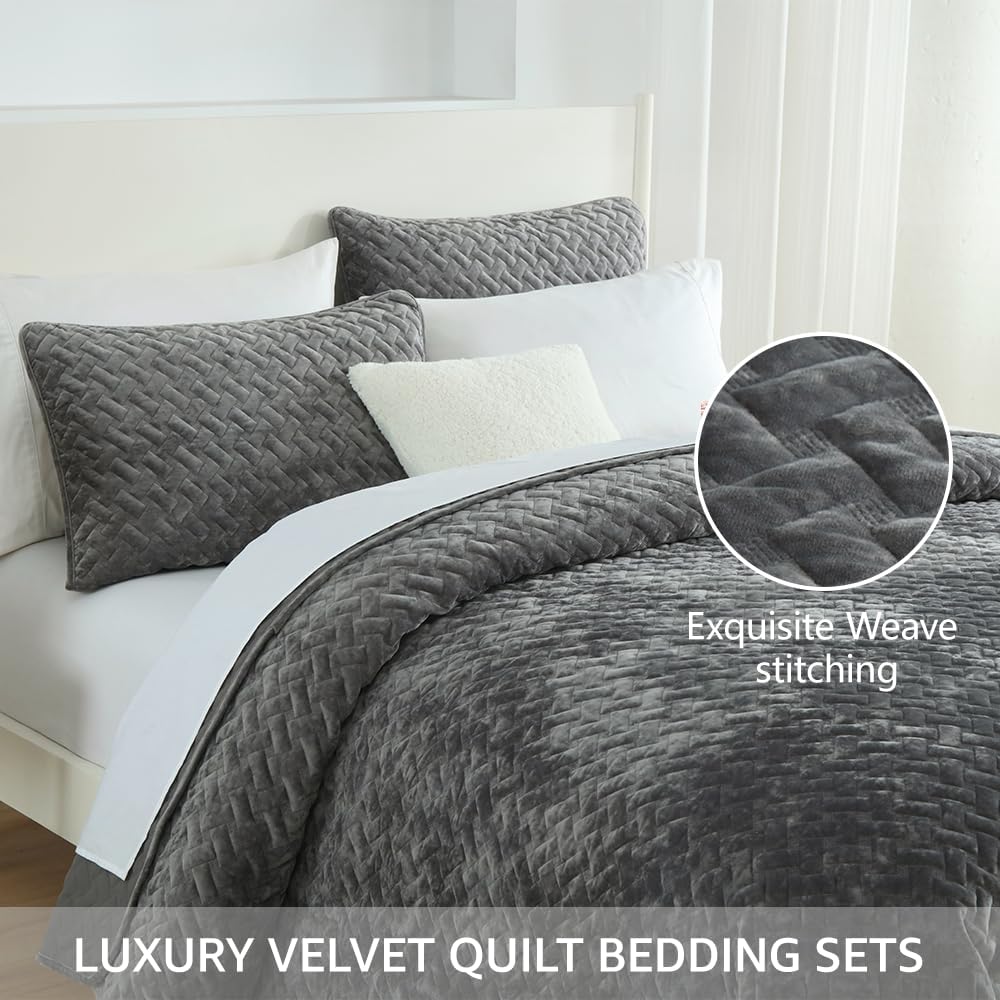 Velvet Bedspread Quilt Bedding Sets,Luxury Elegant Ultra Soft Velvet Comforters Coverlet Blankets,Weave Stitching Pattern Cotton Quilted Bedspread for All Seasons,Grey,King Size | Breathable material, Luxury soft velvet, cotton, Soft and durable, All seasons - Image 3