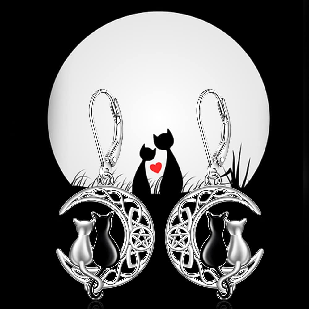 Cat Earrings Black Cat Earrings for Women Crescent Moon Celtic Knot Cute Black and White Cat Matching Sterling Silver Pentagram Pentacle Earrings Halloween Lover Gifts Jewelry - Image 8