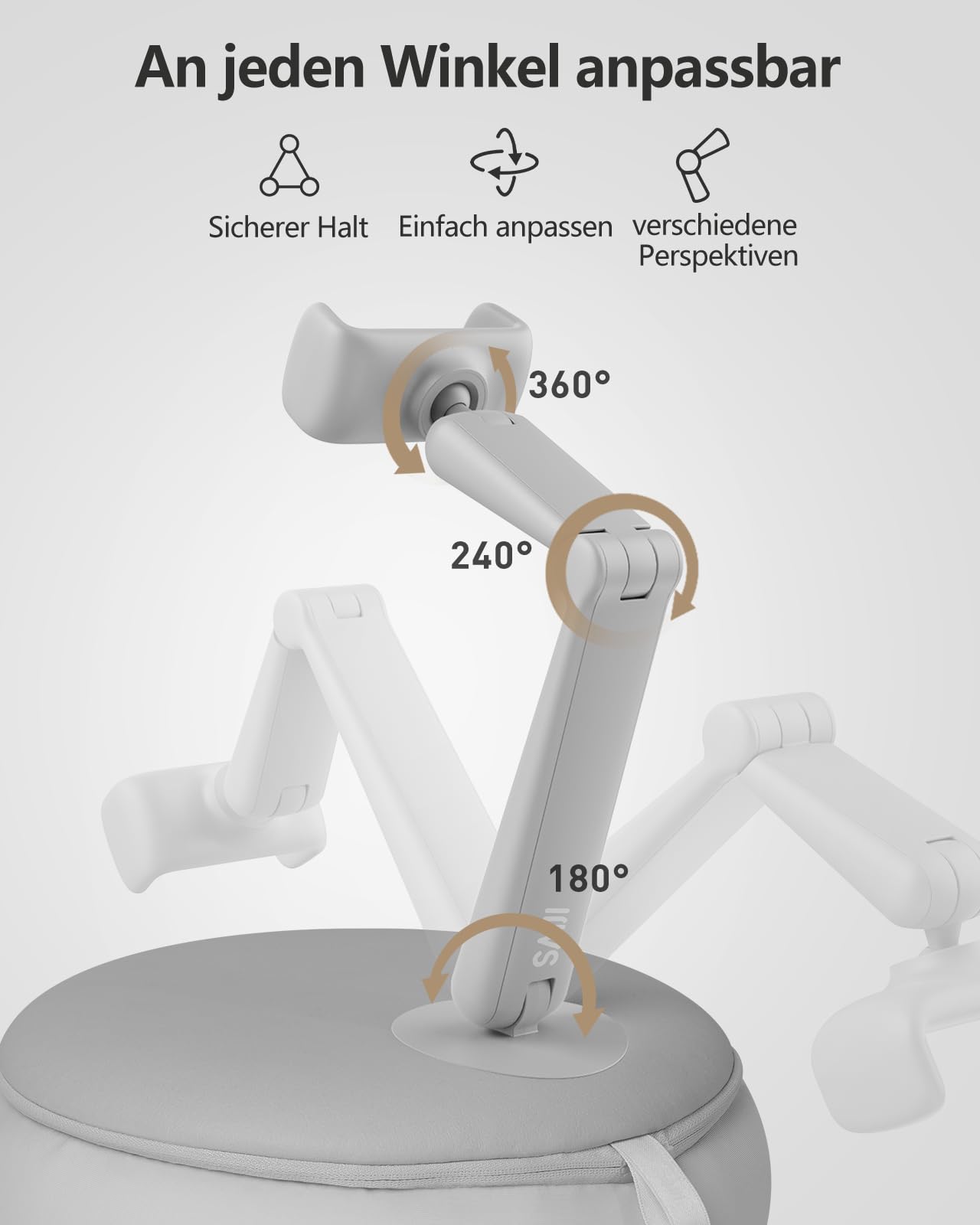 SAIJI Handyhalter fürs Bett, Verstellbarer Winkel und Höhe Handy Ständer für Videoschauen im Bett/Sofa/Schoss, Geeignet für 4.7"-7.0" Handys (Grau)