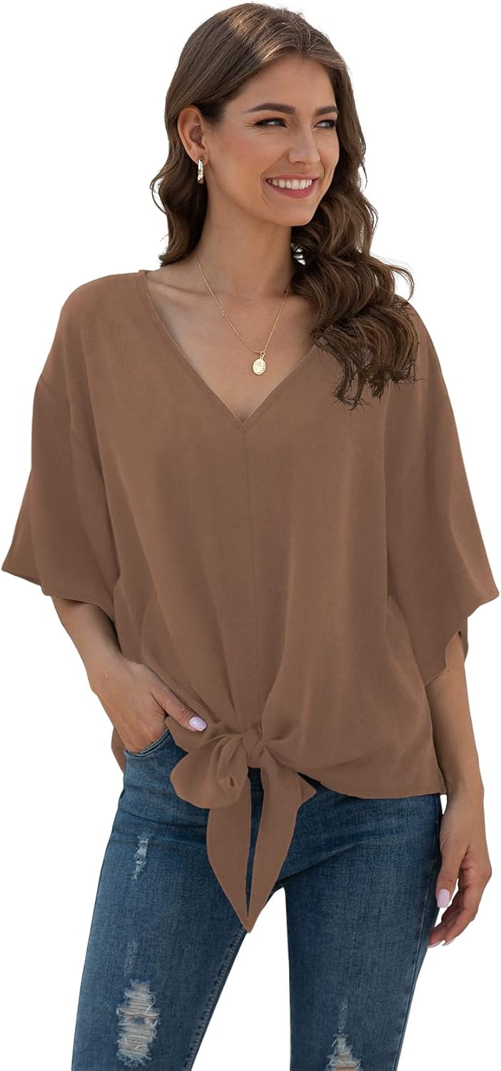 VIISHOW Womens Tie Front Chiffon Blouses V Neck Batwing Short Sleeve Summer Tops Shirts - Image 2