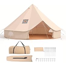 Canvas Bell Tent, Camping Tent with Stove Jack, PVC Detachable Groundsheet, Mesh Window, 4 Season Use, Yurt Hot Tents for Glamping, Family, Party