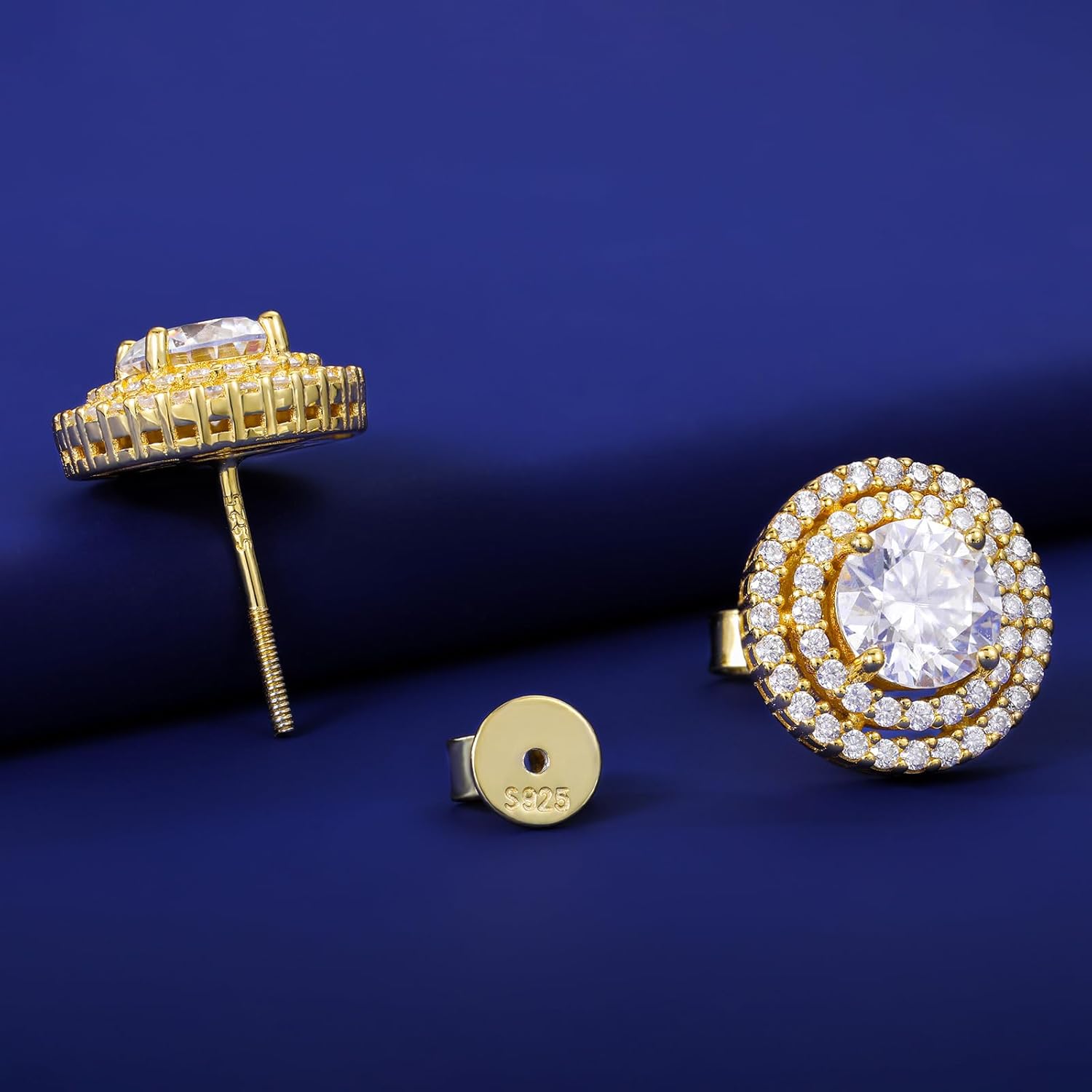 Moissanite Double Halo Stud Earrings Screw Back 18K White/Yellow Gold Plated 925 Sterling Silver Moissanite Halo Large Earrings for Women Men - Image 7