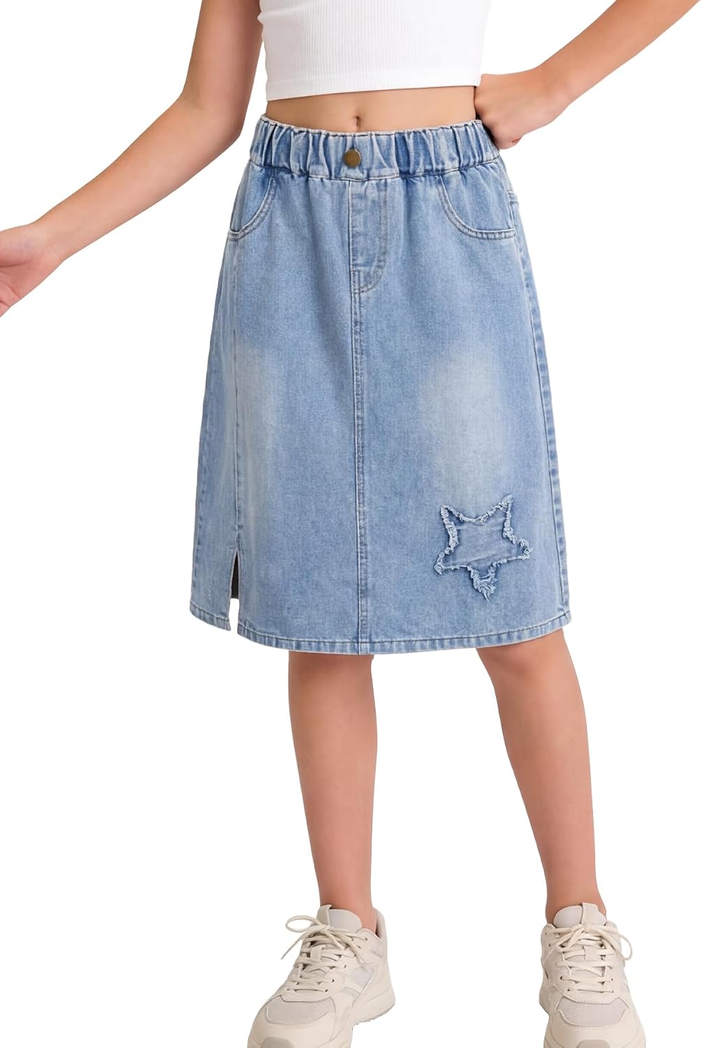 Girl's Denim Skirt Casual Midi Knee Length Skirts High Elastic Waist A Line Jean Skirts with Pockets