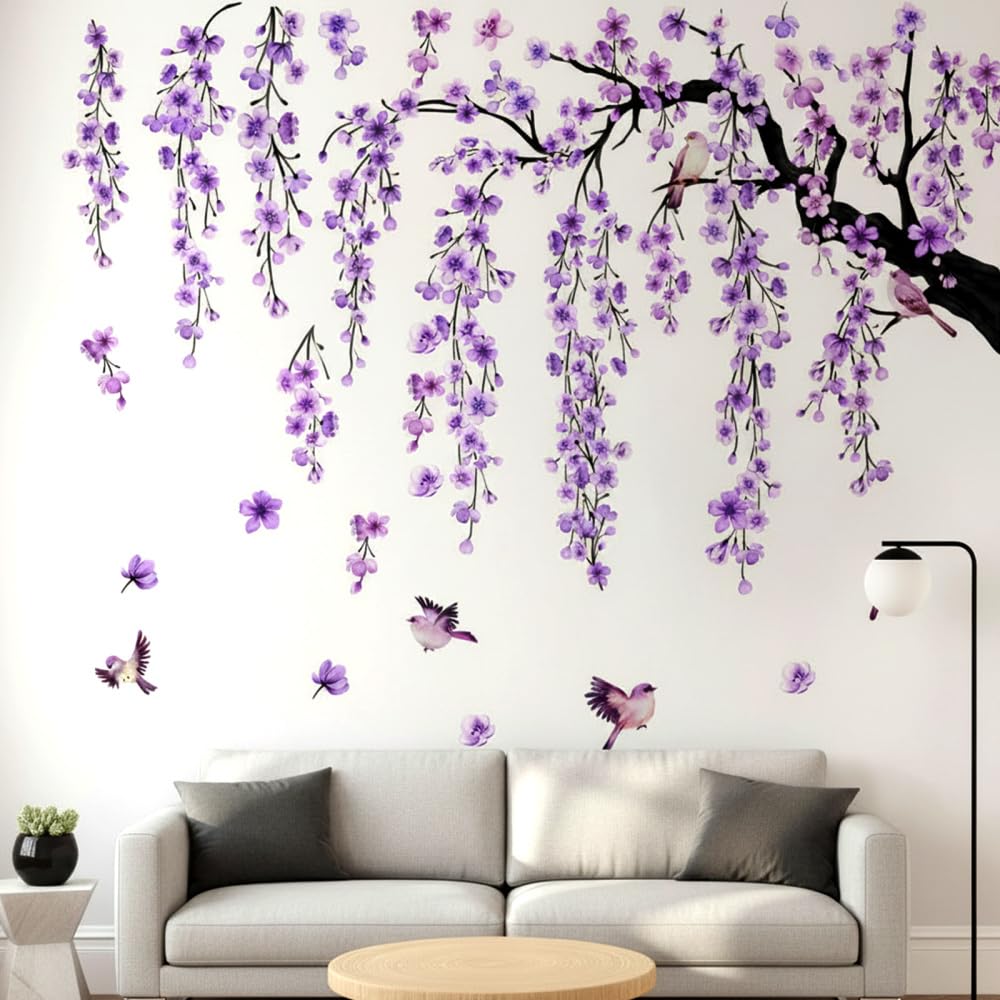 Wisteria Large Wall Stickers, Self Adhesive Removable Decals for Living Room Bedroom, Waterproof Floral Vine Decals, Creative Home Decor Wall Art Sticker