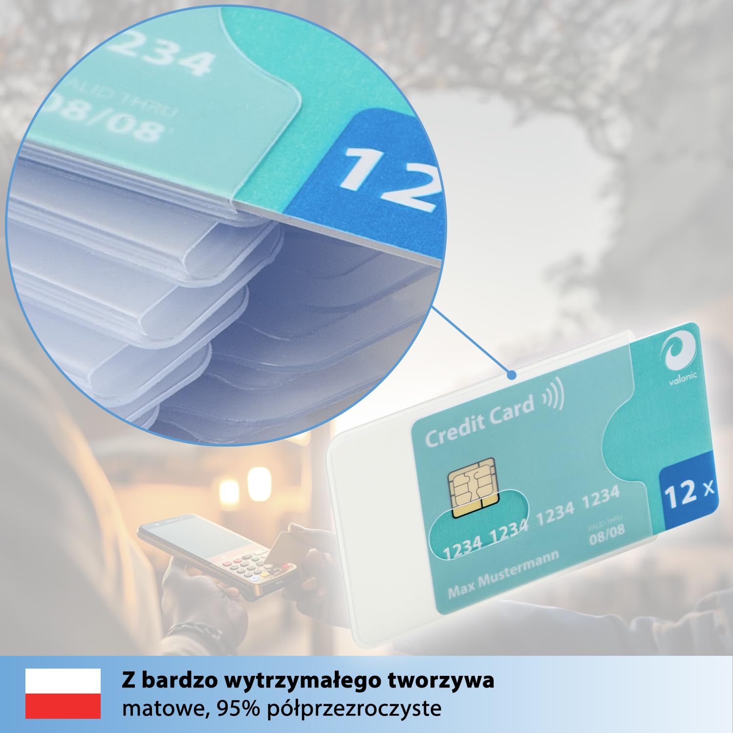 valonic osłona karty - 12 sztuk, wytrzymały plastik, wycięcie na otwór - matowa, przezroczysta - osłona do kart kredytowych i kart EC
