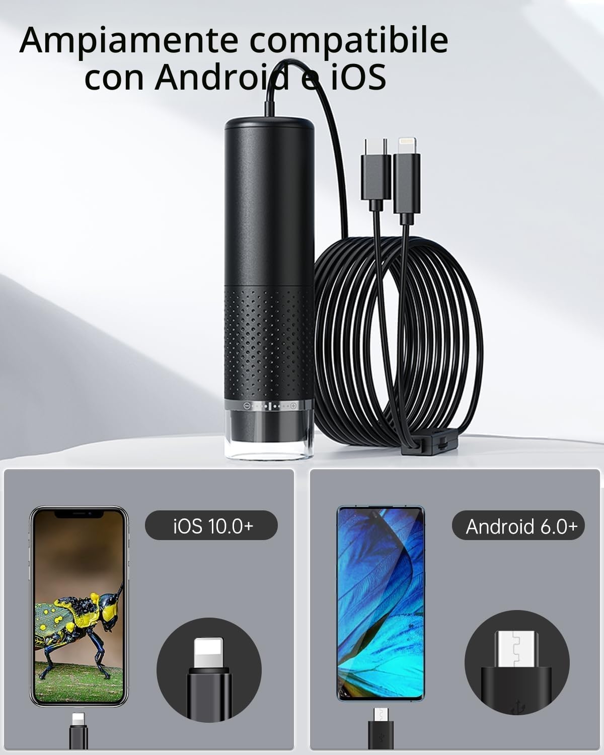 AOPICK 1440P HD USB microscopio digitale, 50x a 1600x Ingrandimento fotocamera endoscopio con 8 luci a LED, microscopio digitale portatile compatibile con Android(USB-C), iPhone e iPad