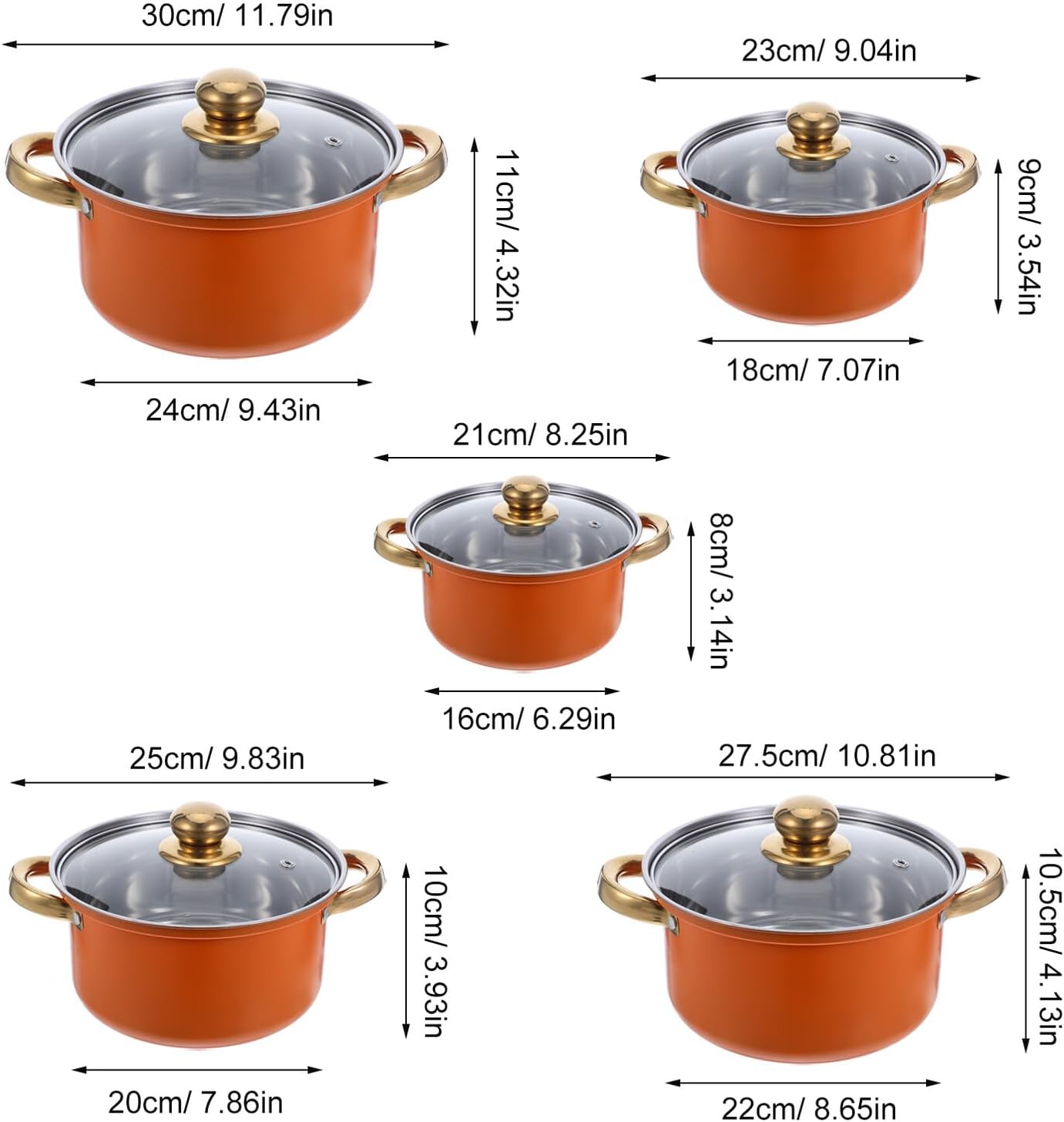 Uonlytech 10pcs Stainless Steel Cookware Set with Orange Gold Handles, Including Saucepan, Stockpot, and Soup Cooker, Compatible with Most Stovetops for Home Cooking