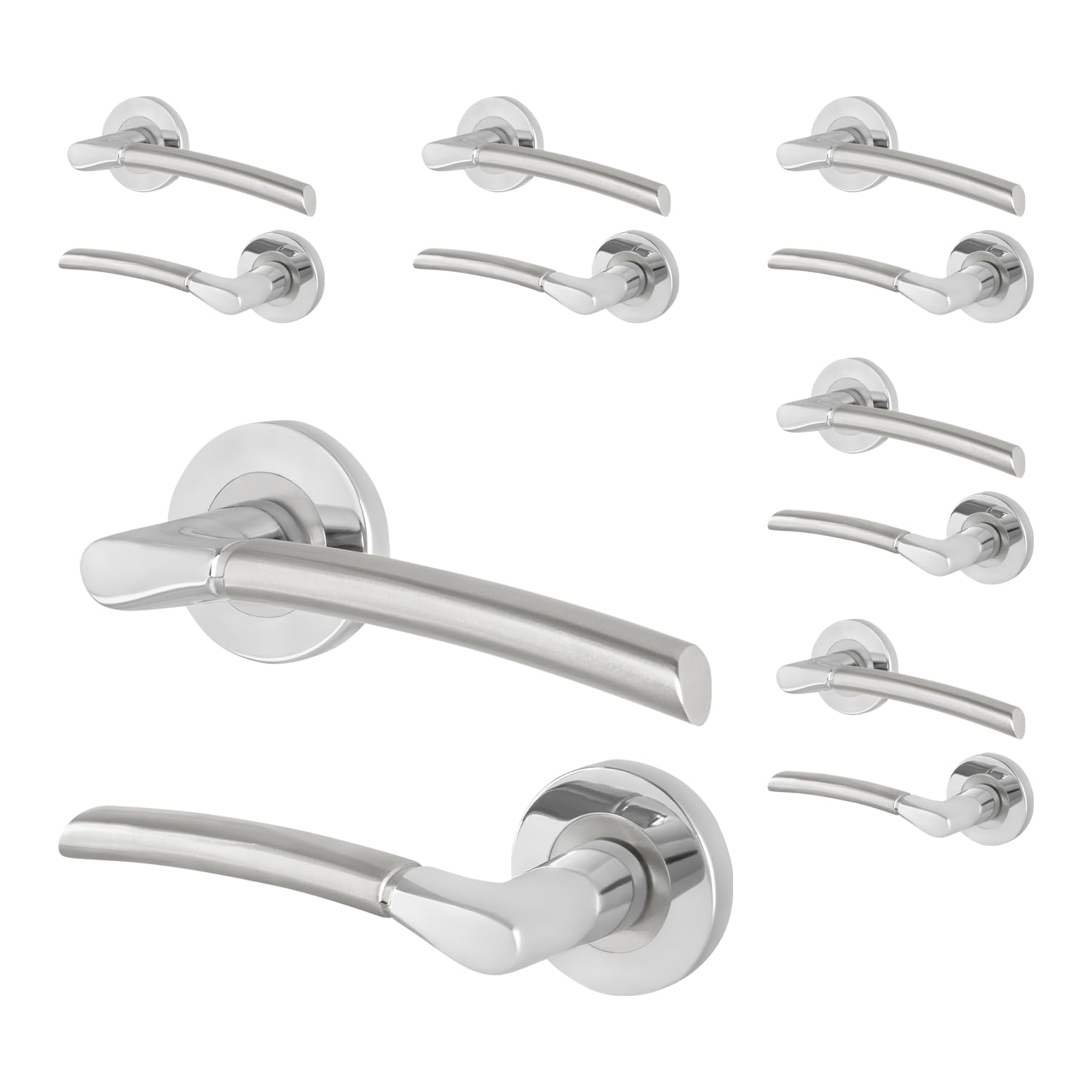 Eai Silver Chrome Door Handle, 6 Pairs Of Internal Lever On Round Rose Polished Chrome And Satin Nickel Handles - Bova
