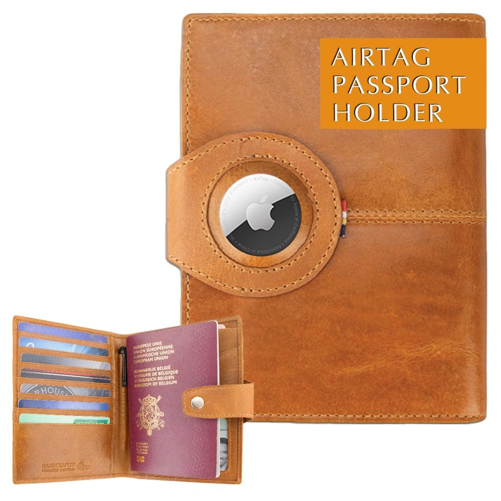 GARZINI Passport Holder with AirTag, Passport Wallet with RFID, Travel Accessories, Travel Document Holder with ID Window, Leather Passport Holder for