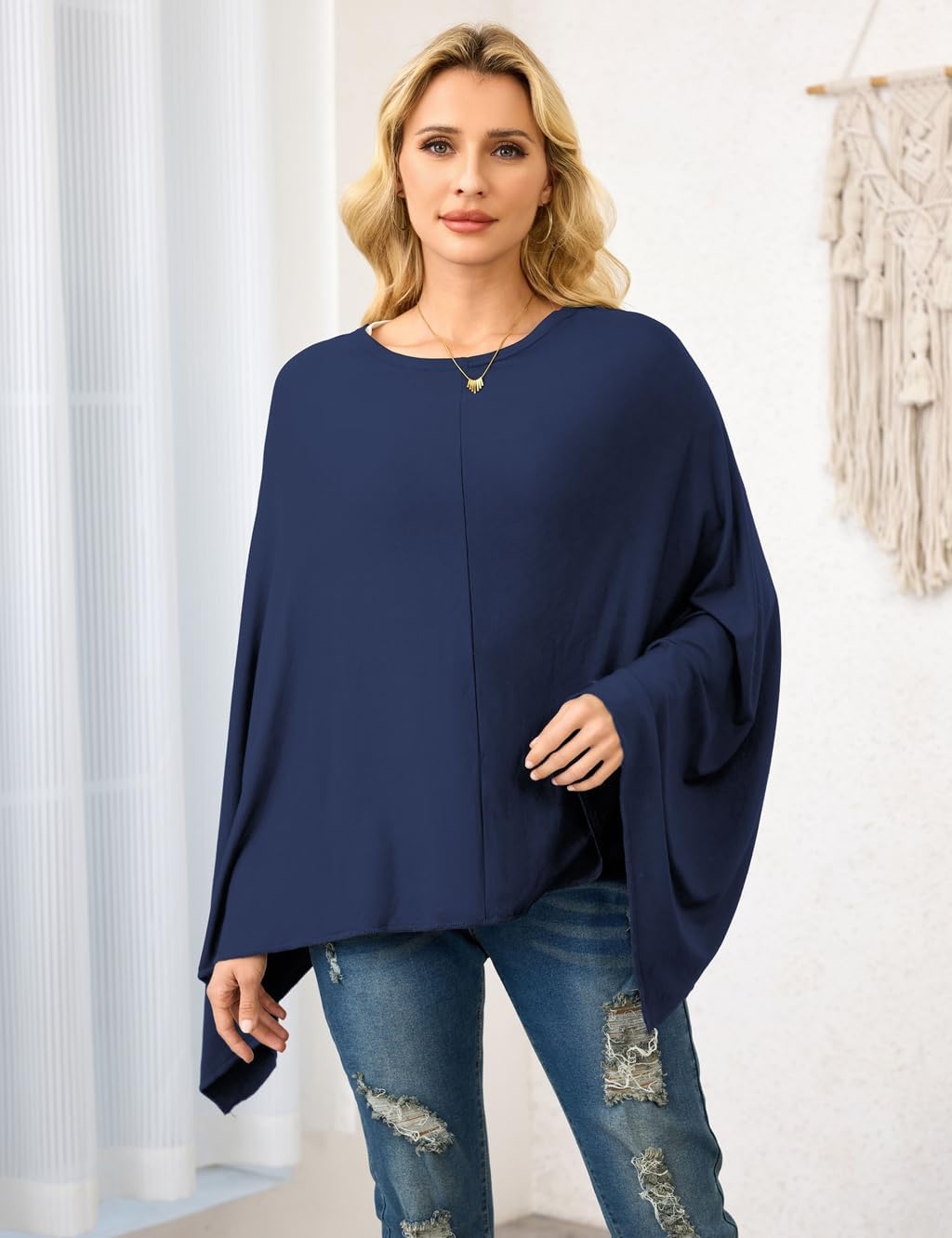 Ferand Women's Lightweight Poncho Tops Versatile Buttoned Shawl Wraps for Spring Summer - Image 3