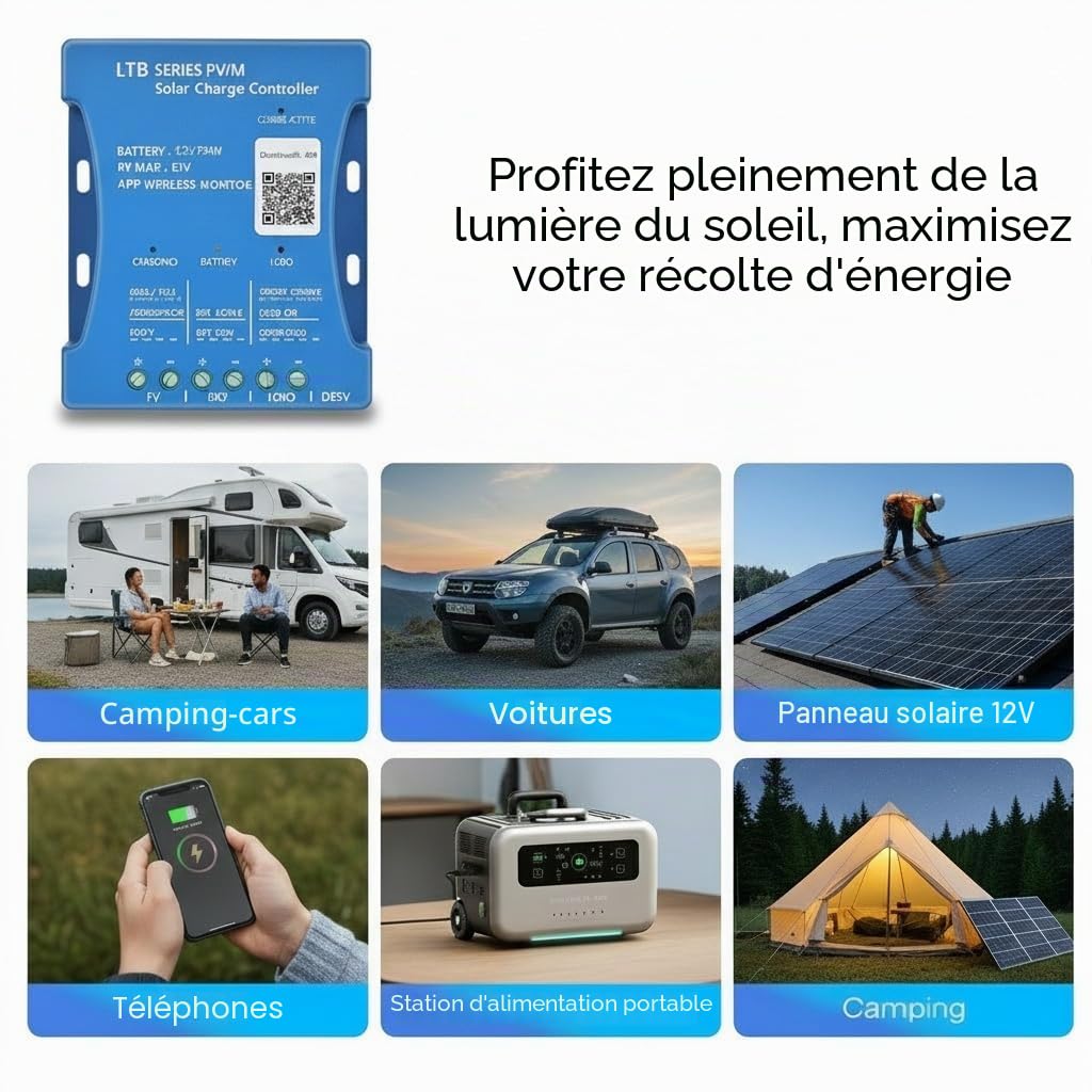 【30A Contrôleur de Charge Solaire Bluetooth】Régulateur Solaire 30A PV max 50V 12V/24V Contrôleur Solaire PWM pour Batteries Acide au Plomb, LiFePO4, Lithium