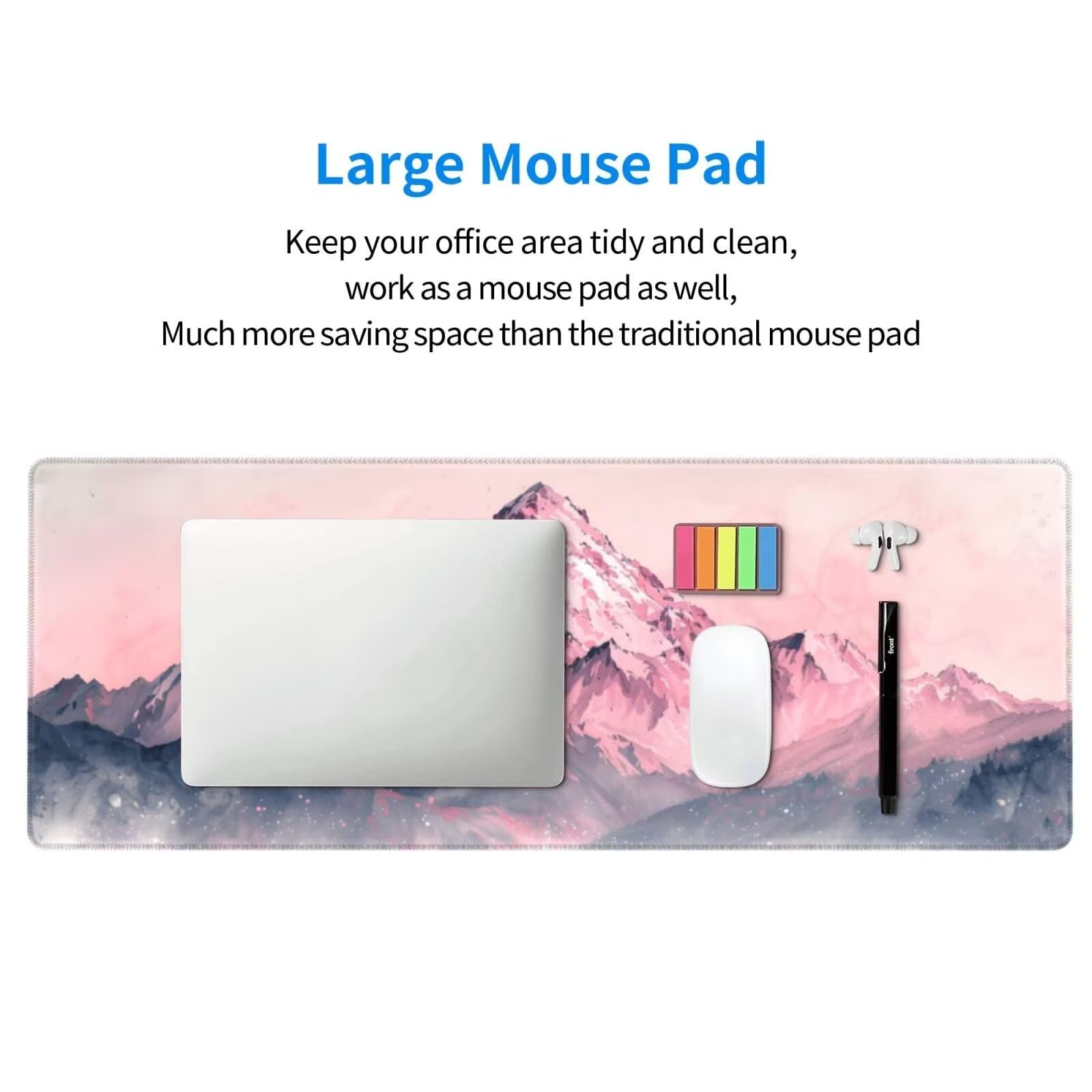 Tappetino Mouse, Tappetino Mouse Gaming Grande XXL 1500x800x3mm Tappetino Scrivania Mouse Pad, Base in Gomma Antiscivolo, Bordi Cuciti,Lavabile, Mousepad per Ufficio e Gaming (Montagne Rosa) R-176