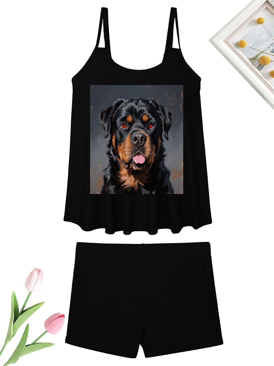 Cool Rottweiler Dog Art Tankini Swimsuits for Women Tummy Control Two Piece Bathing Suits Swim Tops with Boy Shorts